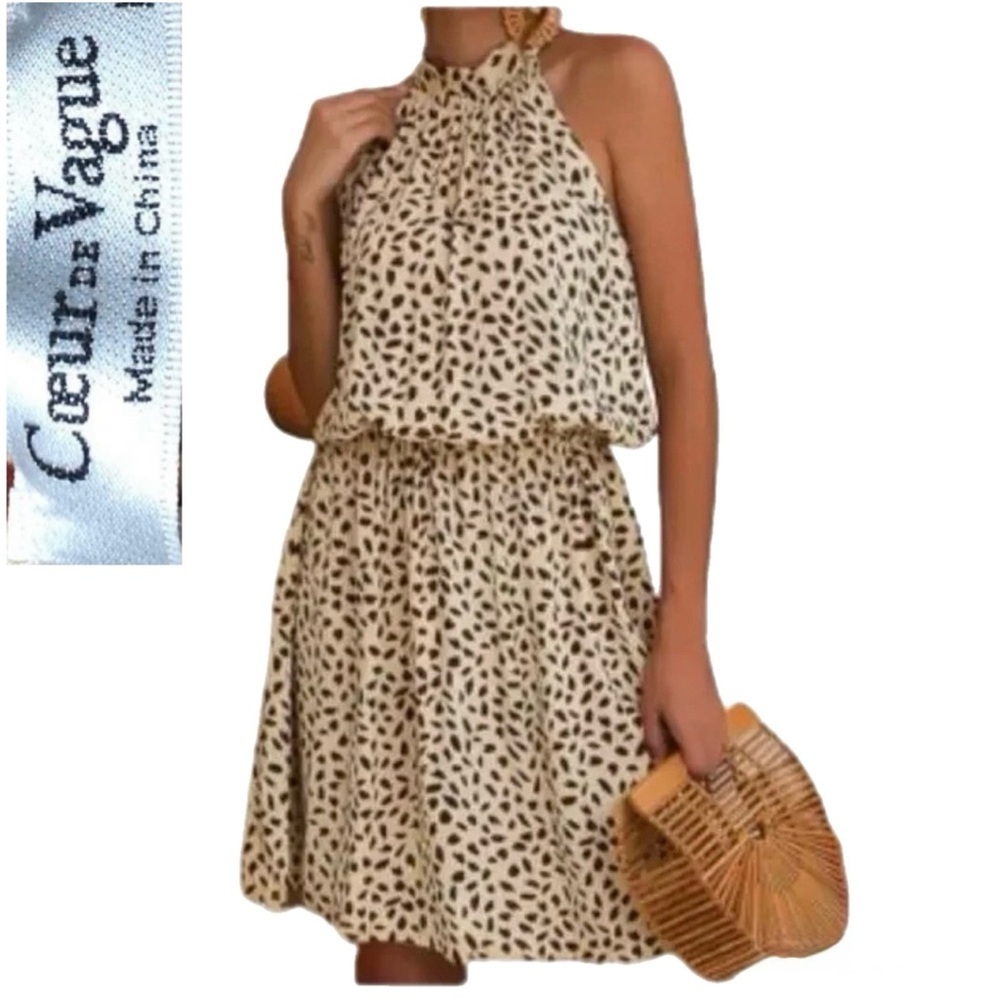 Coeur De Vague Cream & Brown Print Sleeveless Halter Tie-Back Dress Size M